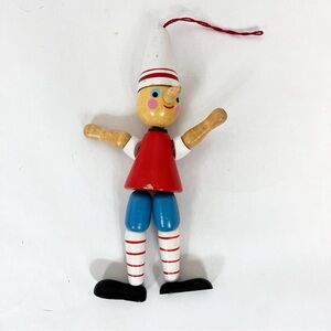 Wooden Pinocchio Christmas Ornament By Midwest Taiwan Folk Art Vintage